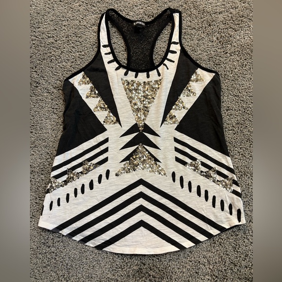 Express Tops - Women’s Express Black and White sequin Embellished Tank with black lace back, S